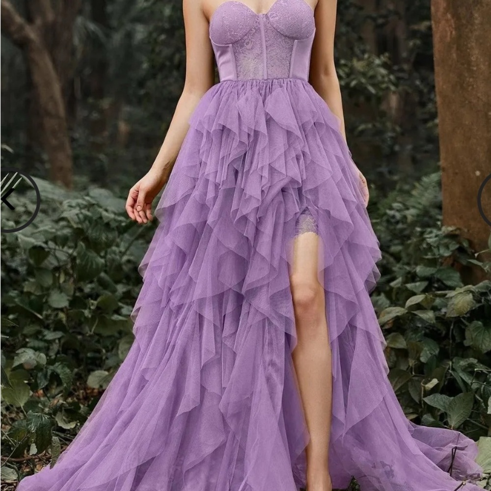 NWOT Elegant Lace Bodice Contrast Split Ruffle Layered Hem Tube Dress. - Picture 2 of 4